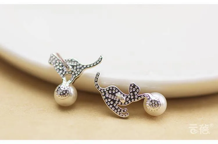 925 sterling silver, imitation pearl cat animal earrings statement earrings for Women