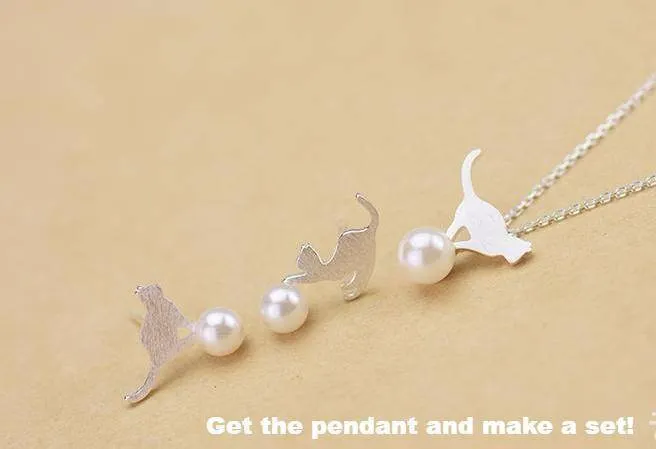 925 sterling silver, imitation pearl cat animal earrings statement earrings for Women