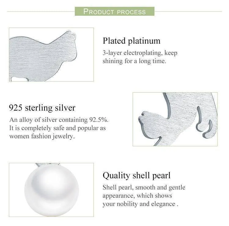 925 sterling silver, imitation pearl cat animal earrings statement earrings for Women