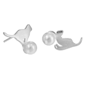 925 sterling silver, imitation pearl cat animal earrings statement earrings for Women