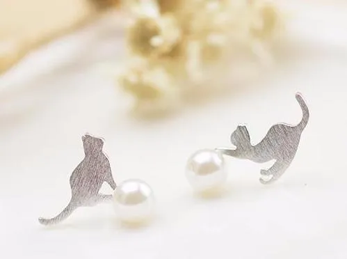 925 sterling silver, imitation pearl cat animal earrings statement earrings for Women
