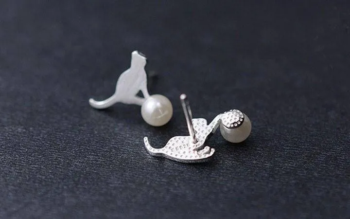 925 sterling silver, imitation pearl cat animal earrings statement earrings for Women
