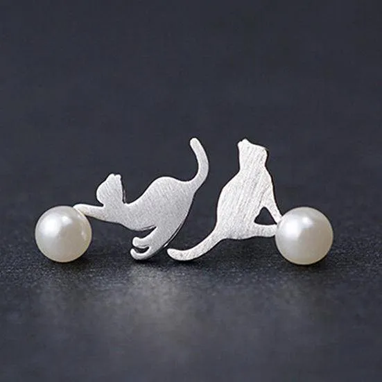 925 sterling silver, imitation pearl cat animal earrings statement earrings for Women