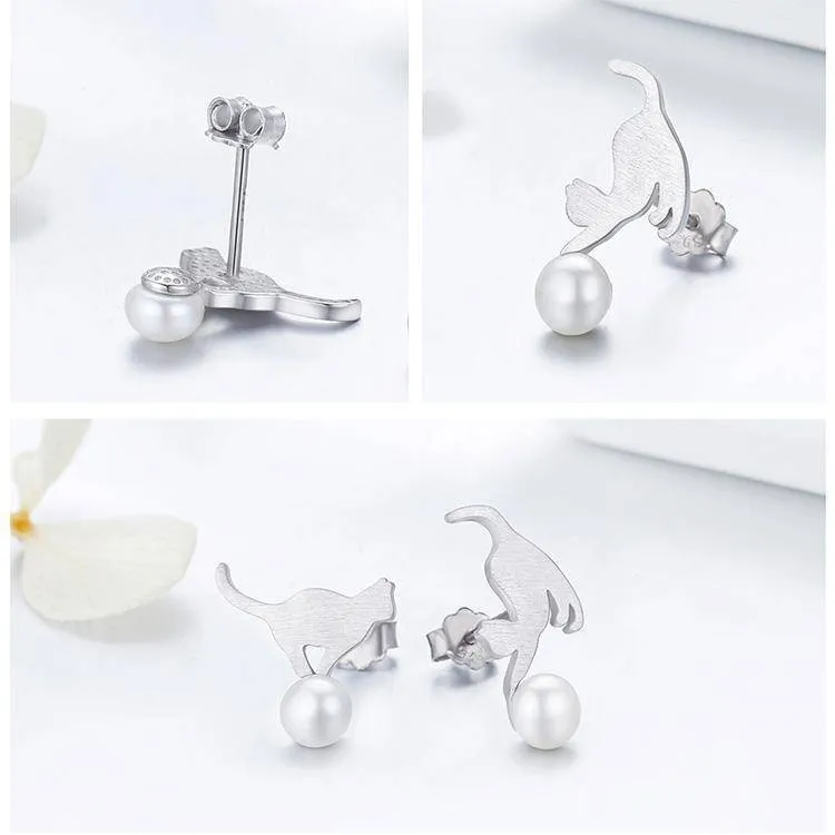925 sterling silver, imitation pearl cat animal earrings statement earrings for Women