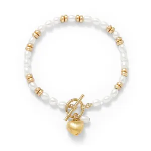 Amare white cultured freshwater pearl bracelet with gold hematite beads & a gold heart charm