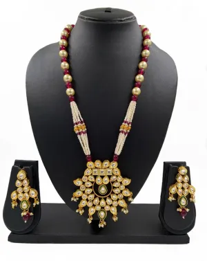 Antique Designer Gold Toned Polki Kundan Pendant With Pearls Necklace Set For Woman