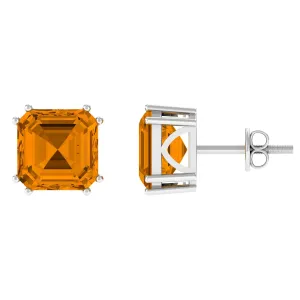 Asscher Cut Citrine Solitaire Stud Earrings