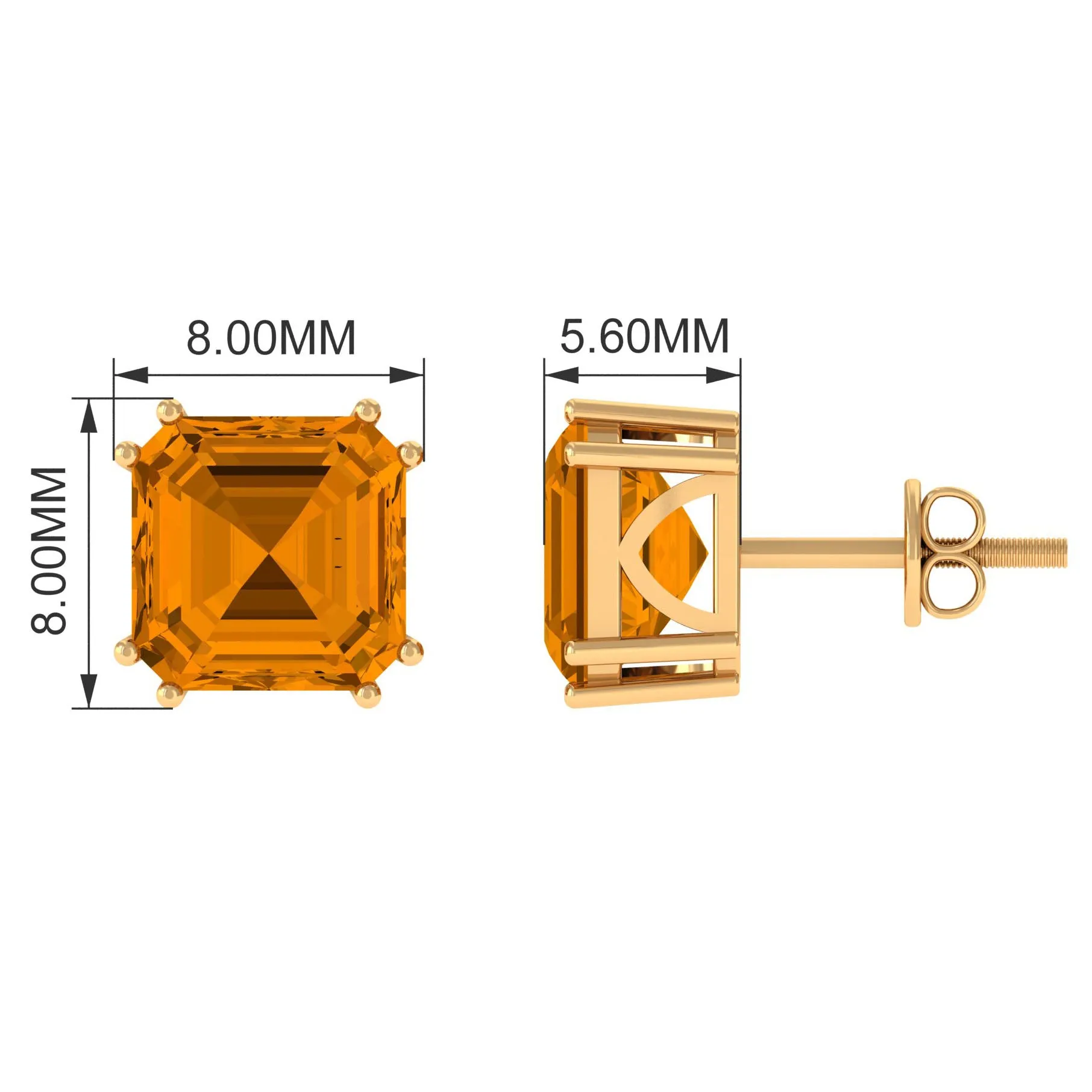 Asscher Cut Citrine Solitaire Stud Earrings
