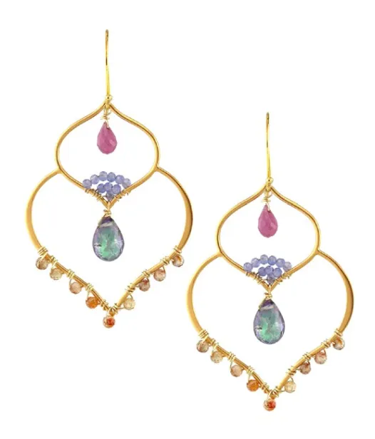 AVF Gold Double Lotus Earrings with Mystic Topaz, Pink Sapphire, Orange Zircon & Tanzanite (SI6706)