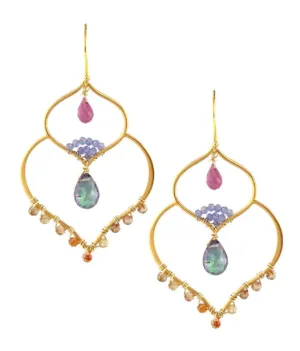 AVF Gold Double Lotus Earrings with Mystic Topaz, Pink Sapphire, Orange Zircon & Tanzanite (SI6706)
