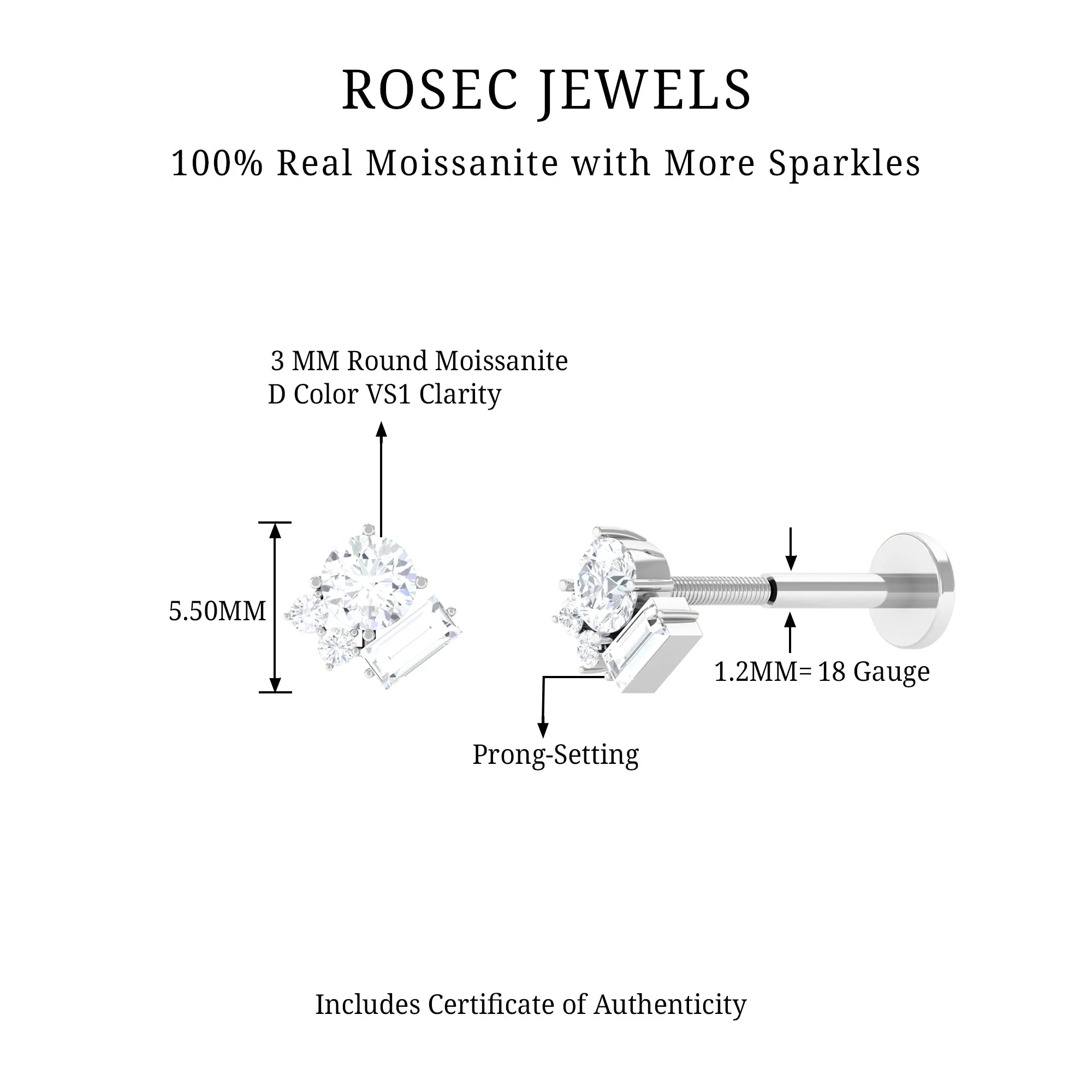 Baguette Moissanite Cluster Tragus Earring in Gold