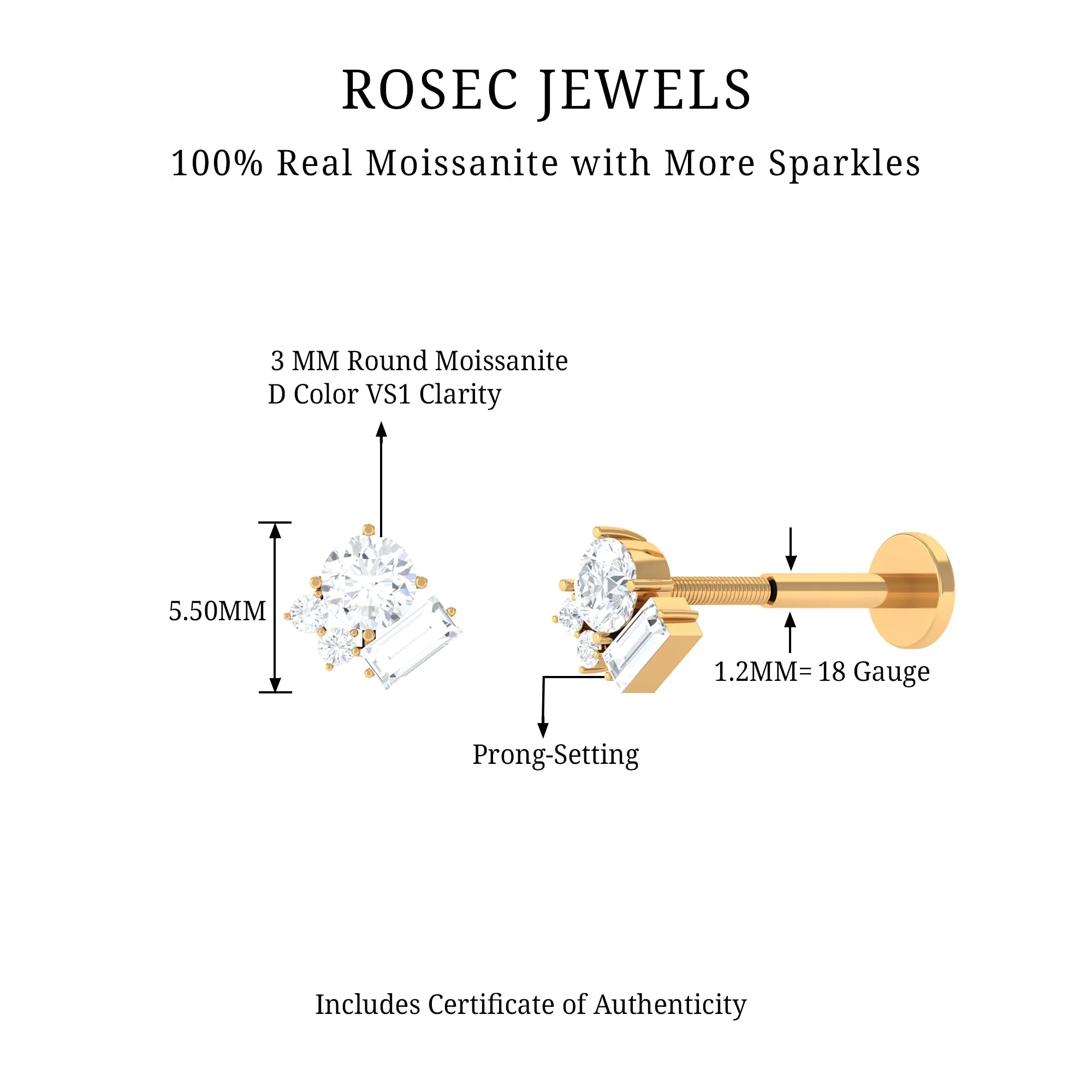 Baguette Moissanite Cluster Tragus Earring in Gold