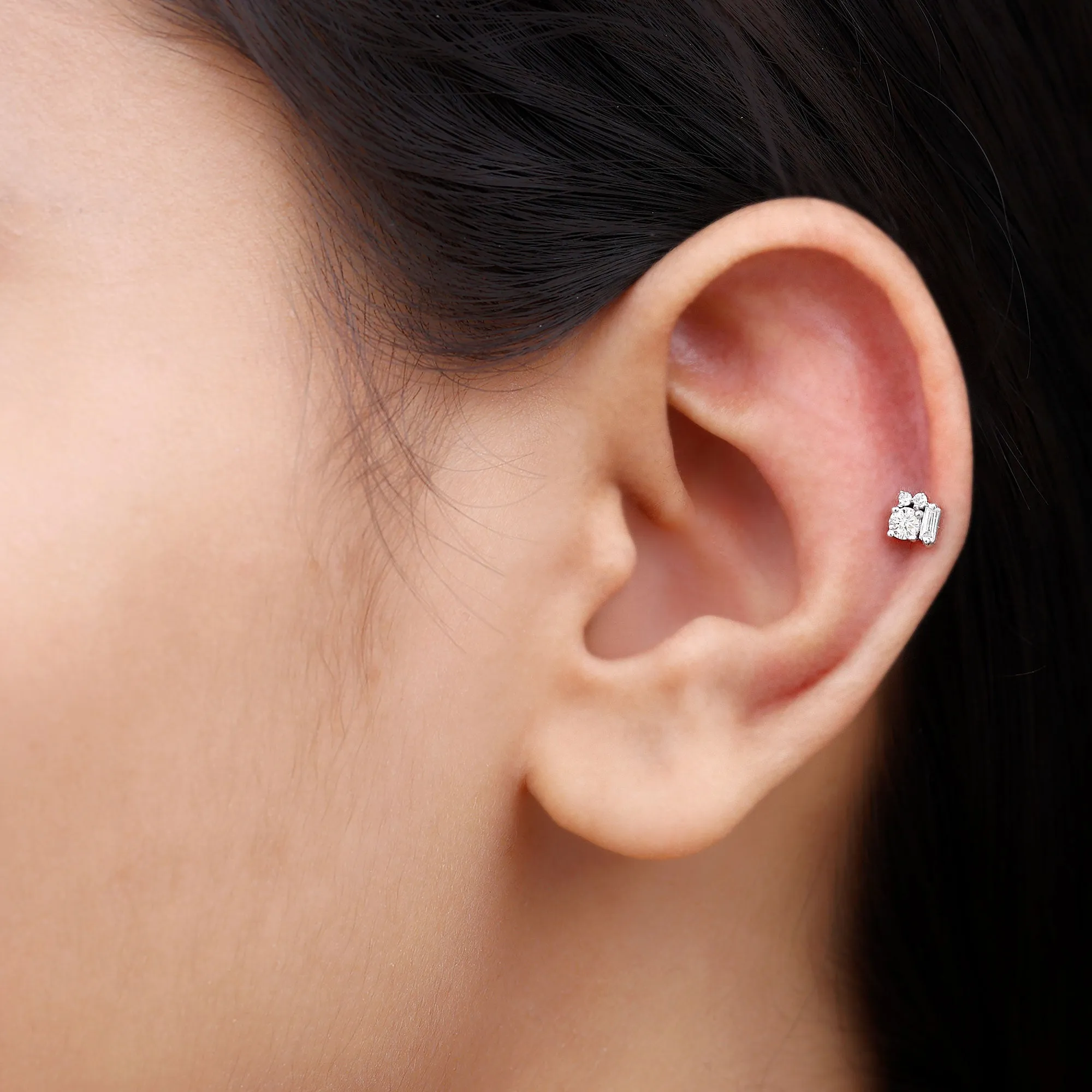Baguette Moissanite Cluster Tragus Earring in Gold