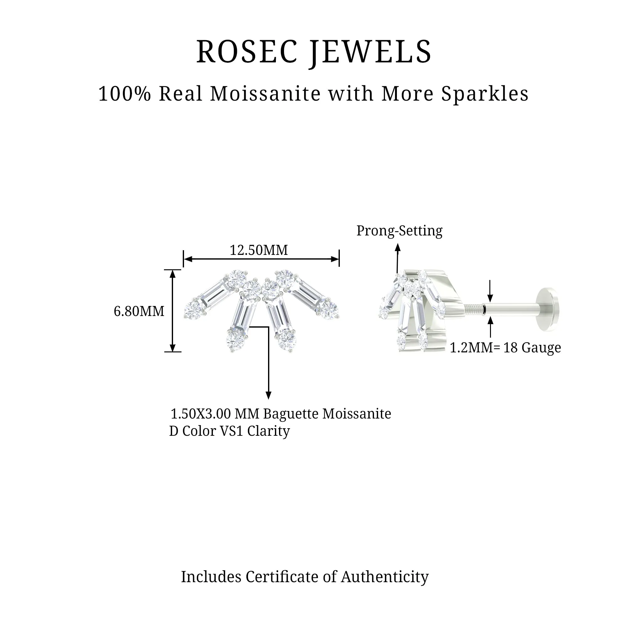 Baguette Moissanite Curved Cartilage Earring