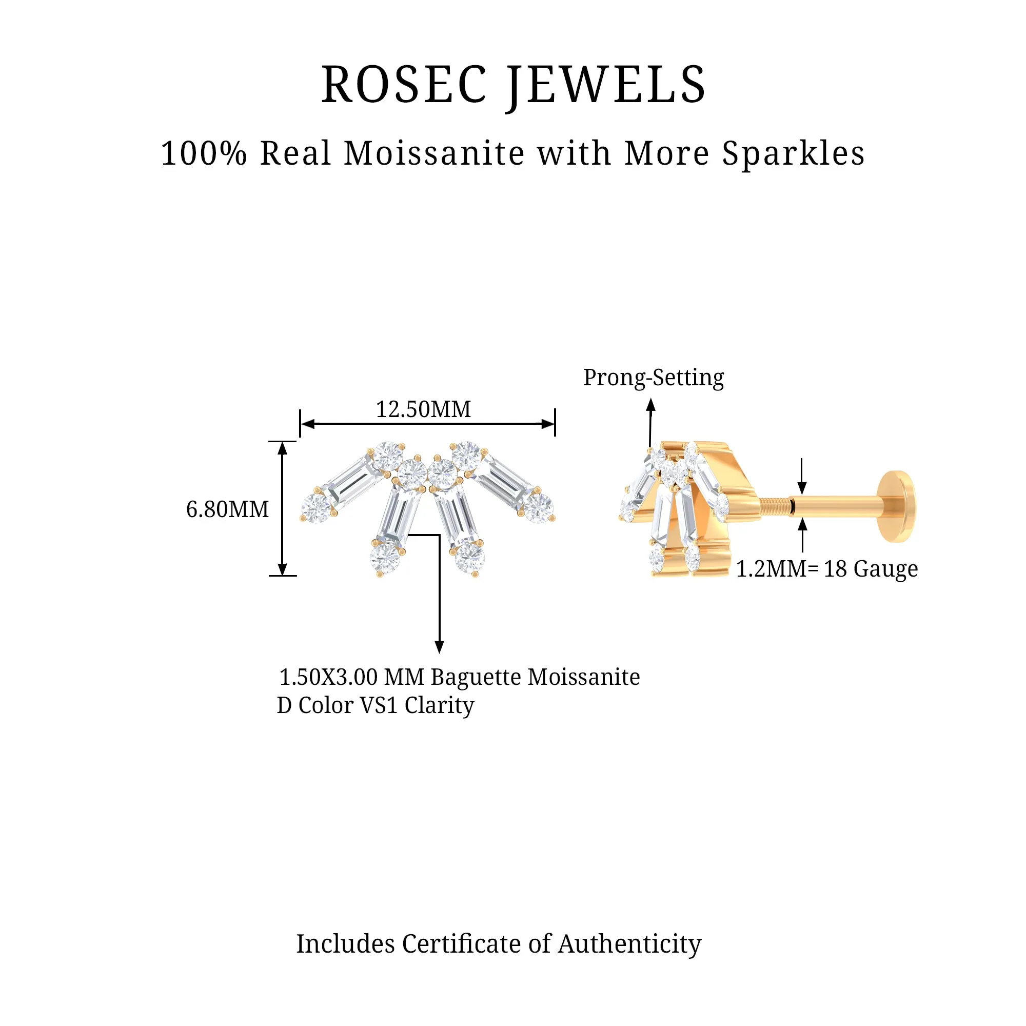 Baguette Moissanite Curved Cartilage Earring