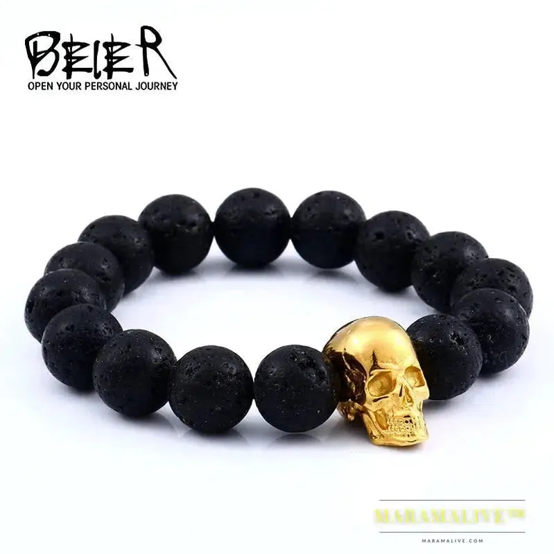 Black Lava Stone men Jewelry natural stones skull Charm bracelet bangle Punk rock  jewelry