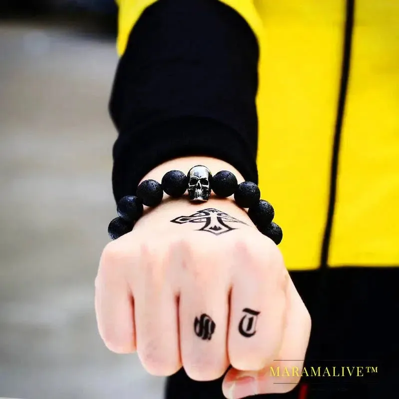 Black Lava Stone men Jewelry natural stones skull Charm bracelet bangle Punk rock  jewelry