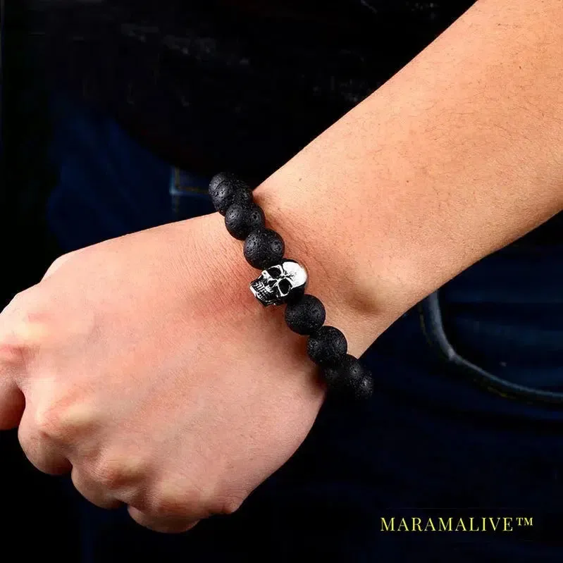 Black Lava Stone men Jewelry natural stones skull Charm bracelet bangle Punk rock  jewelry