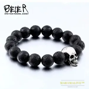 Black Lava Stone men Jewelry natural stones skull Charm bracelet bangle Punk rock  jewelry