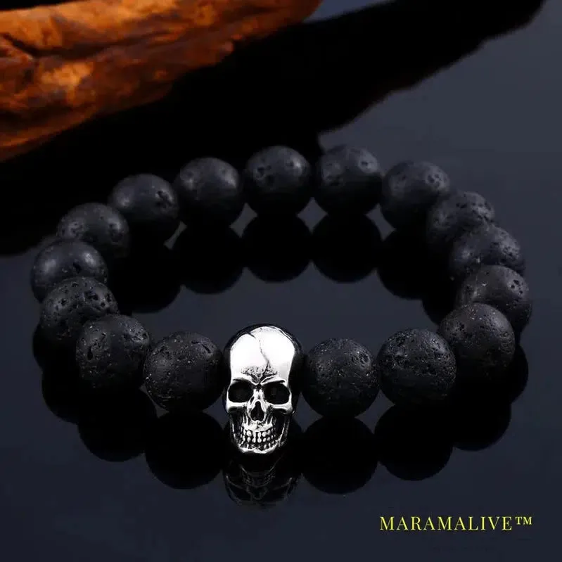Black Lava Stone men Jewelry natural stones skull Charm bracelet bangle Punk rock  jewelry