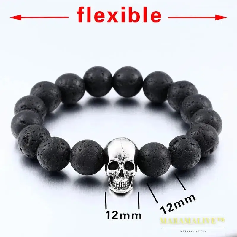 Black Lava Stone men Jewelry natural stones skull Charm bracelet bangle Punk rock  jewelry