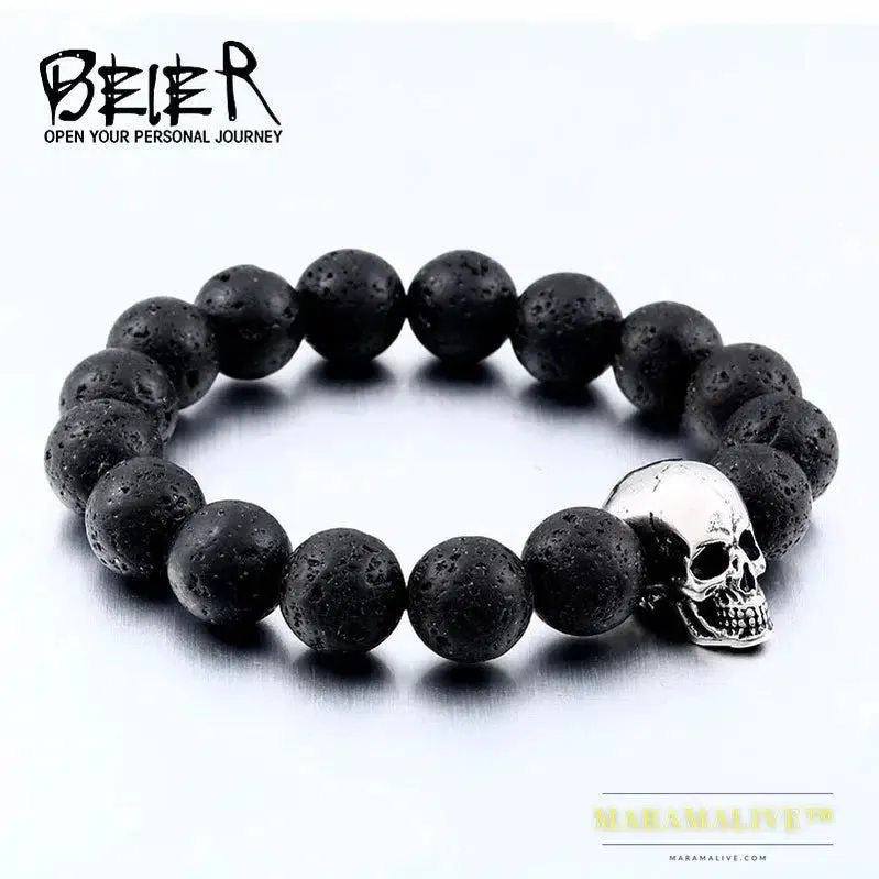 Black Lava Stone men Jewelry natural stones skull Charm bracelet bangle Punk rock  jewelry