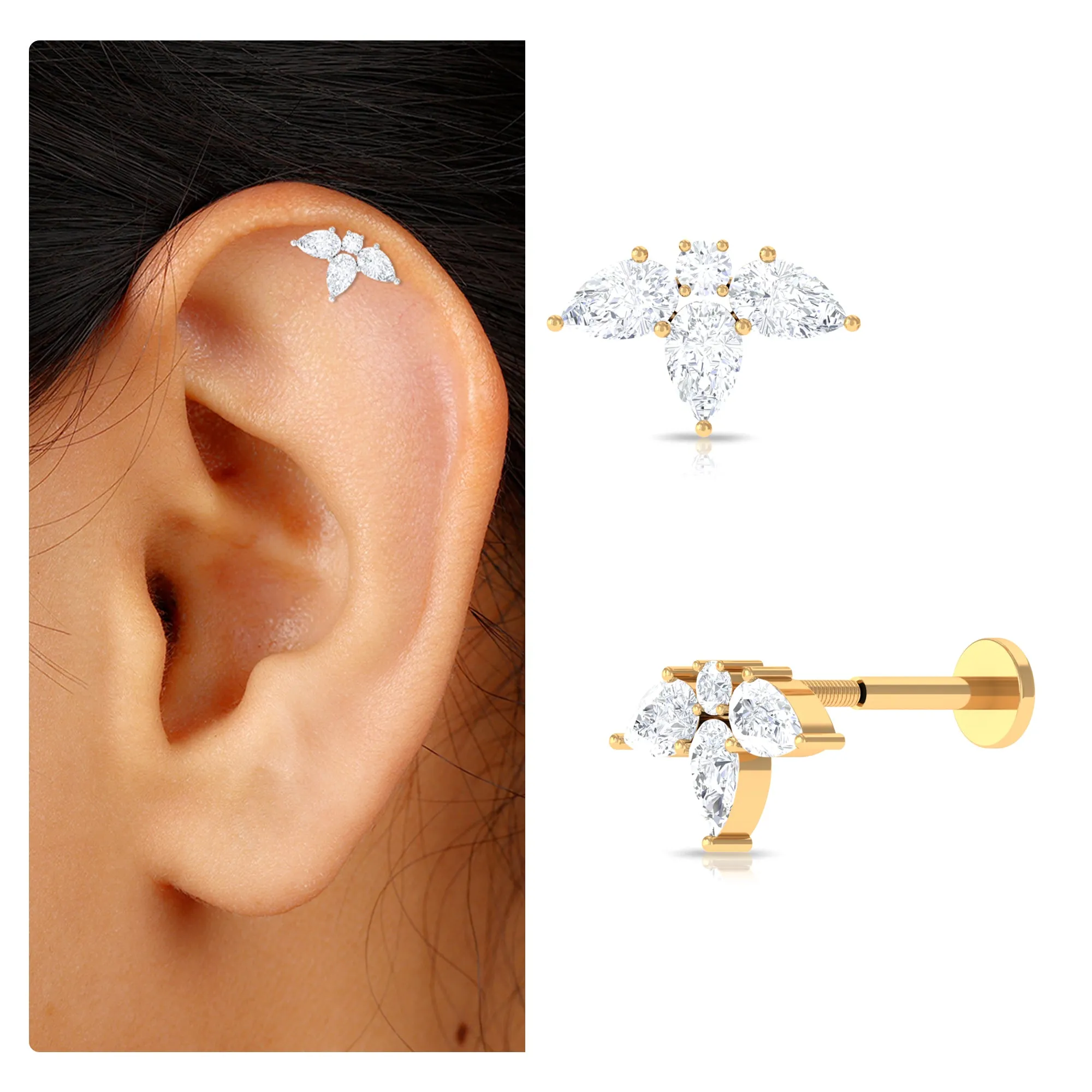 Certified Pear Shape Moissanite Flower Helix Earring
