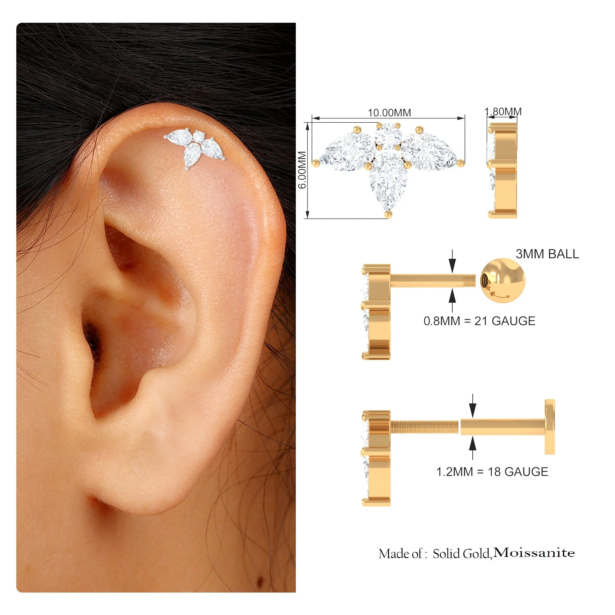 Certified Pear Shape Moissanite Flower Helix Earring