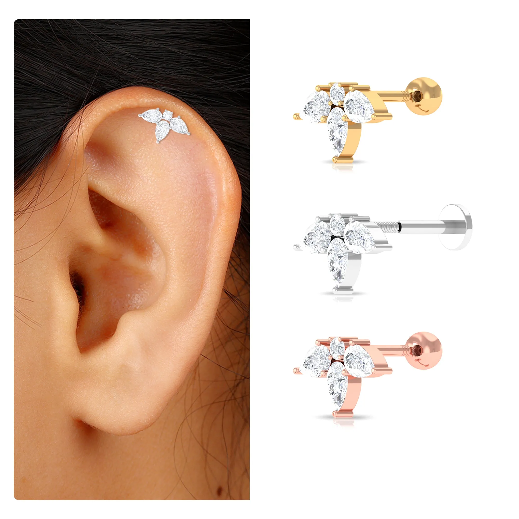 Certified Pear Shape Moissanite Flower Helix Earring