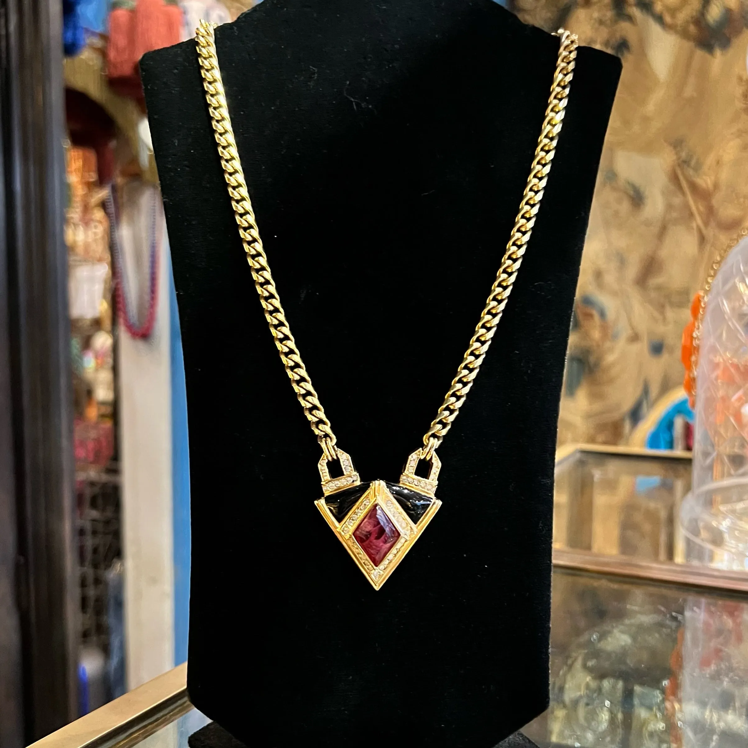 Christian Dior Vintage Black Enamel Red Crystal Gold Plated Pendant Necklace