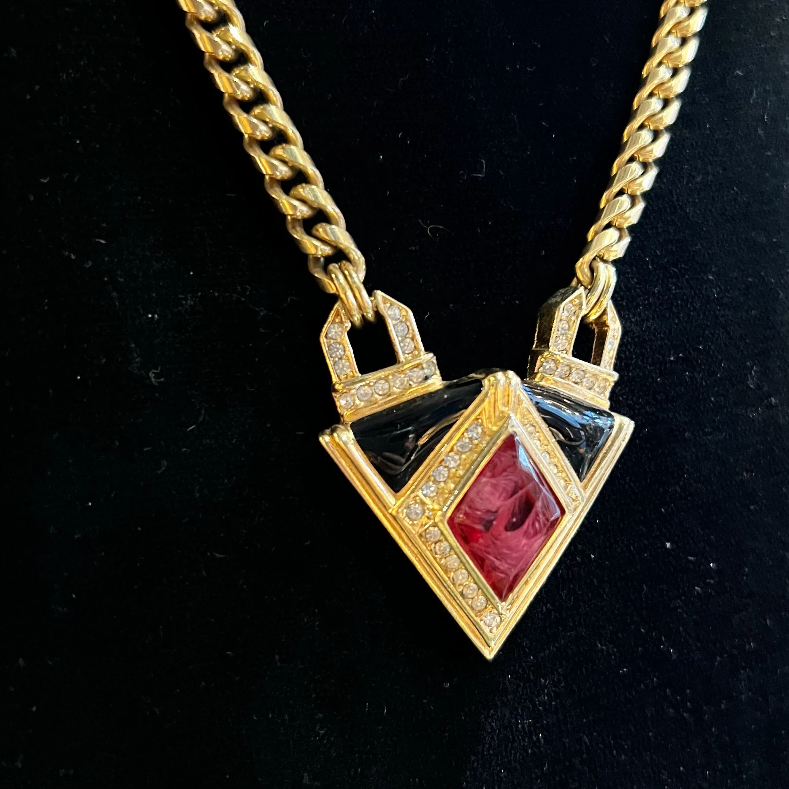 Christian Dior Vintage Black Enamel Red Crystal Gold Plated Pendant Necklace