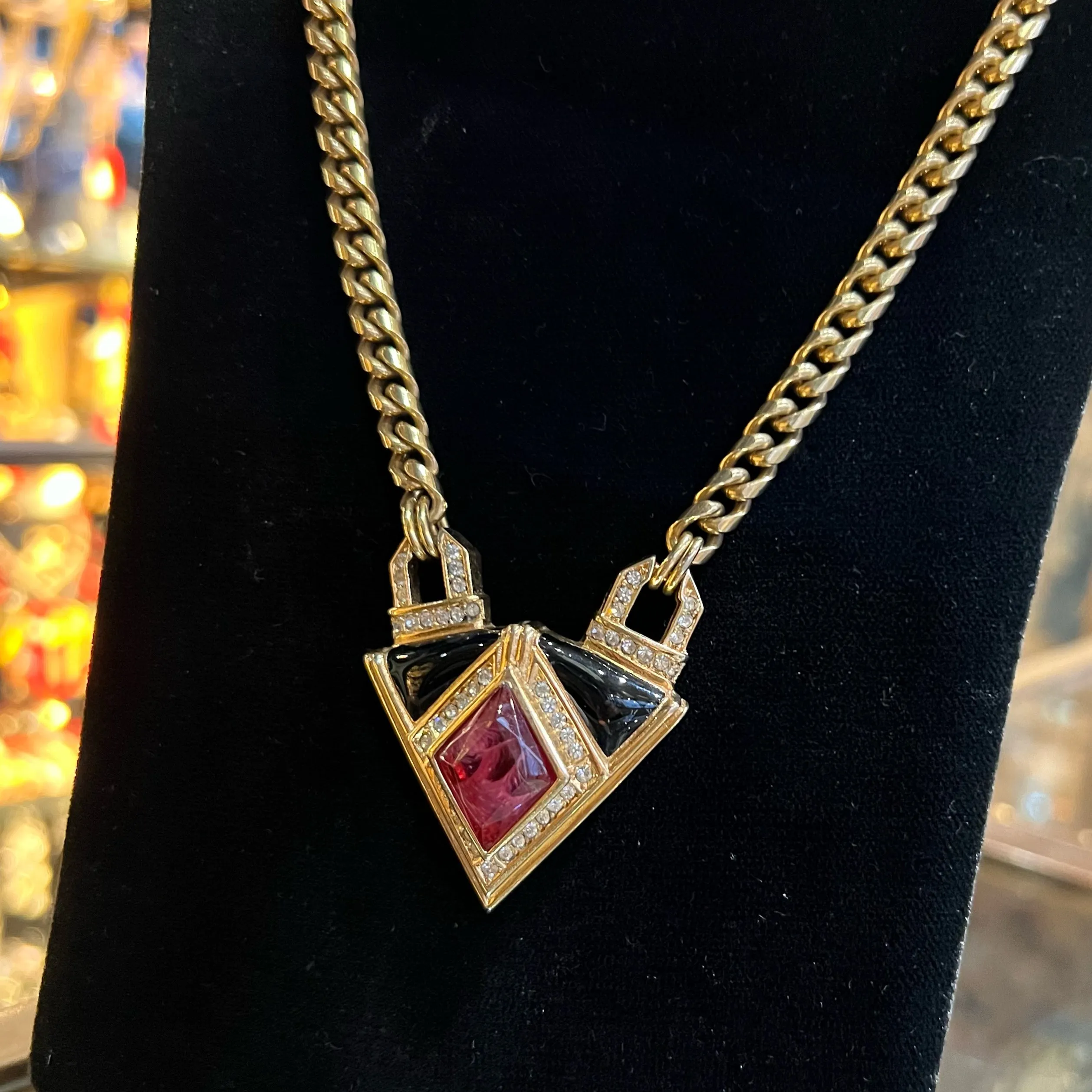 Christian Dior Vintage Black Enamel Red Crystal Gold Plated Pendant Necklace