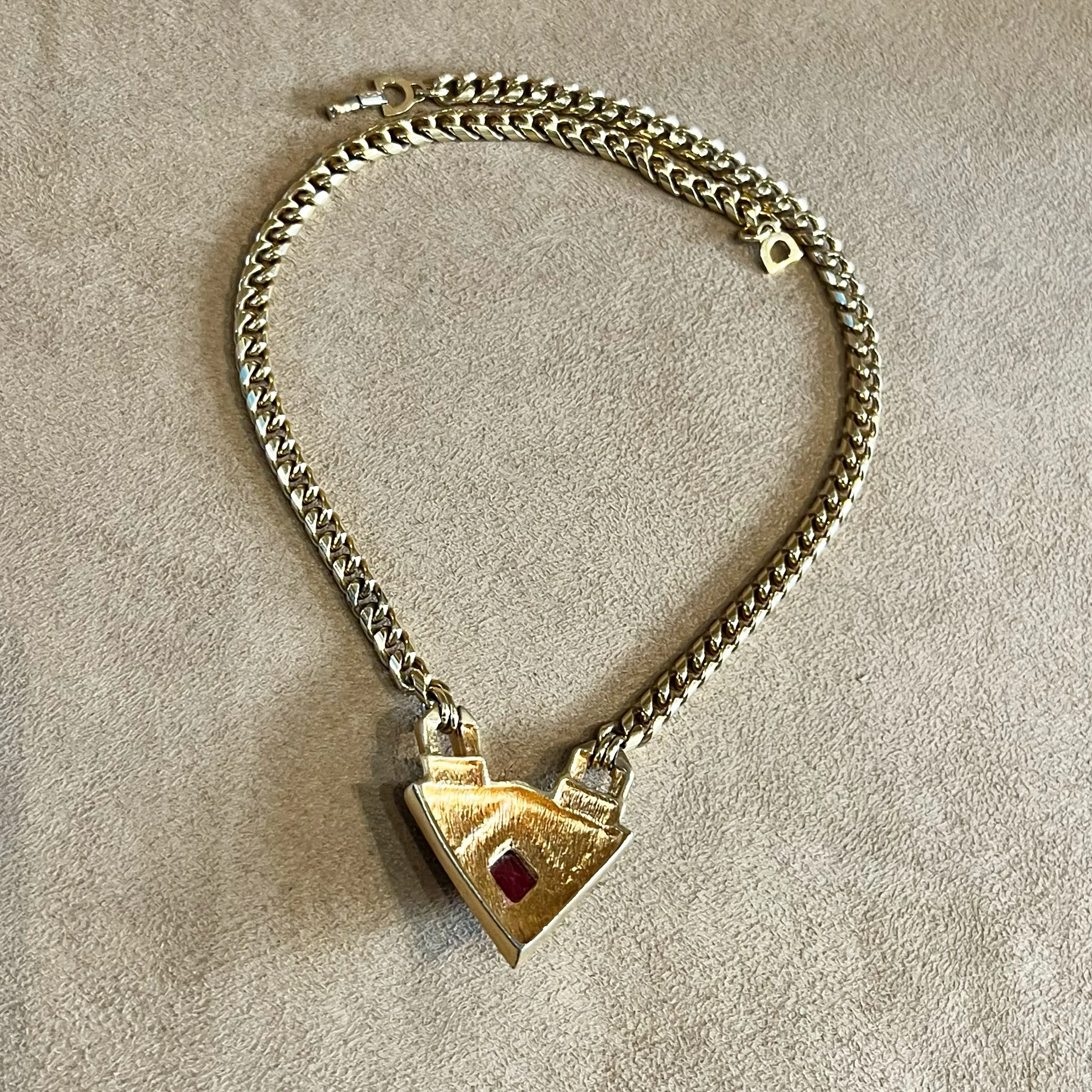 Christian Dior Vintage Black Enamel Red Crystal Gold Plated Pendant Necklace