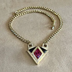 Christian Dior Vintage Black Enamel Red Crystal Gold Plated Pendant Necklace