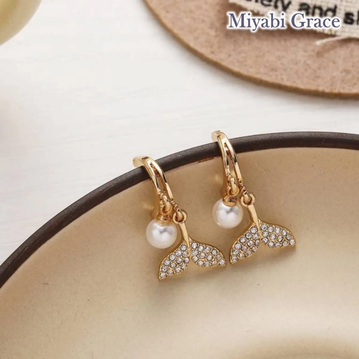 Dangle Dolphin Tail Crystal Rhinestone Gold Fish Tail Invisible Clip On Earrings