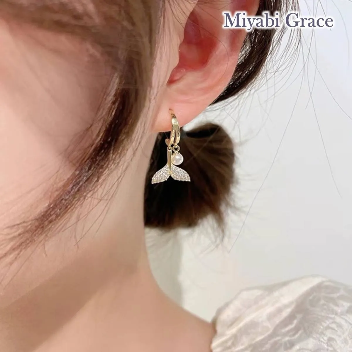 Dangle Dolphin Tail Crystal Rhinestone Gold Fish Tail Invisible Clip On Earrings