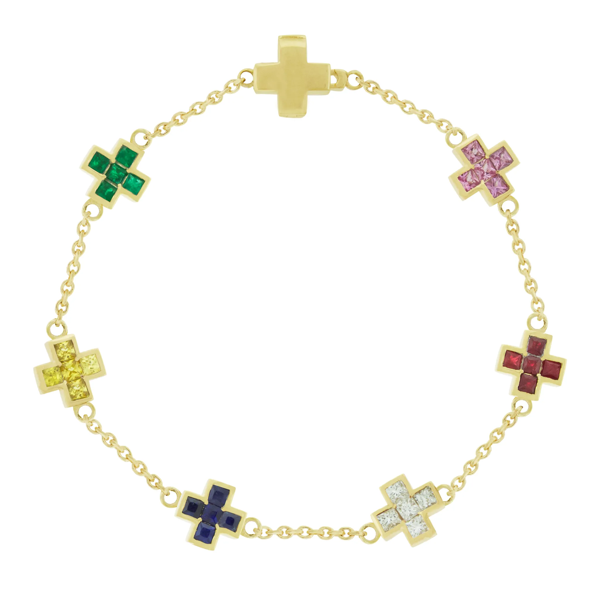 Diamond, Ruby, & Sapphire Cross Chain Bracelet