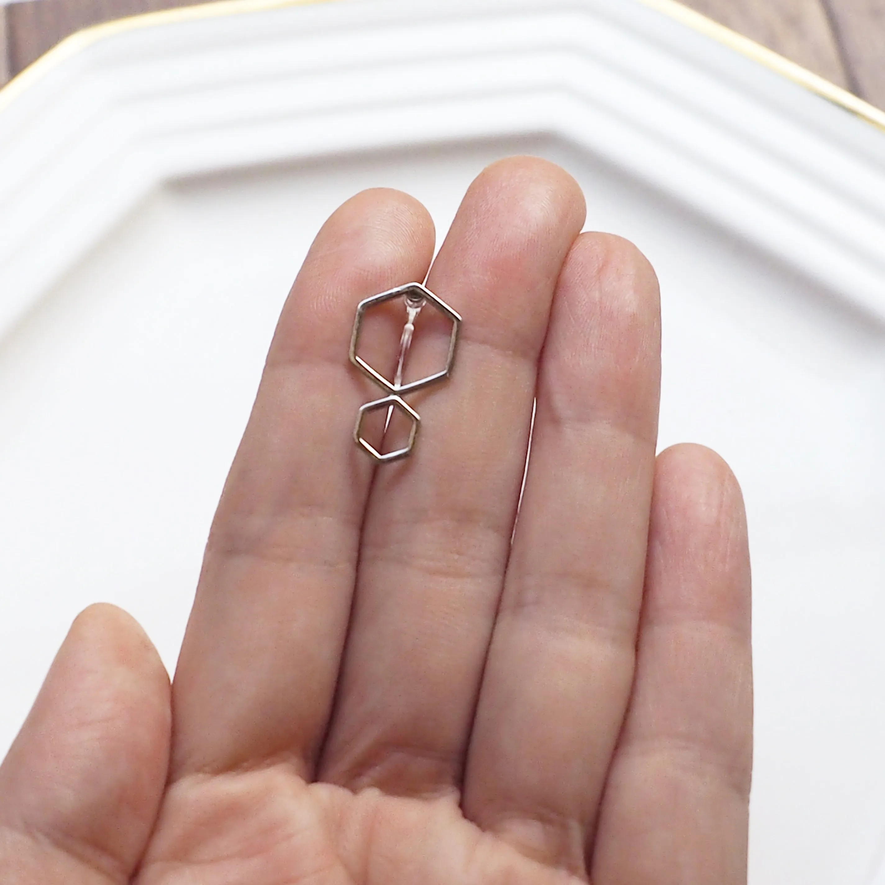Double hexagon invisible clip on stud earrings ( Silver tone )