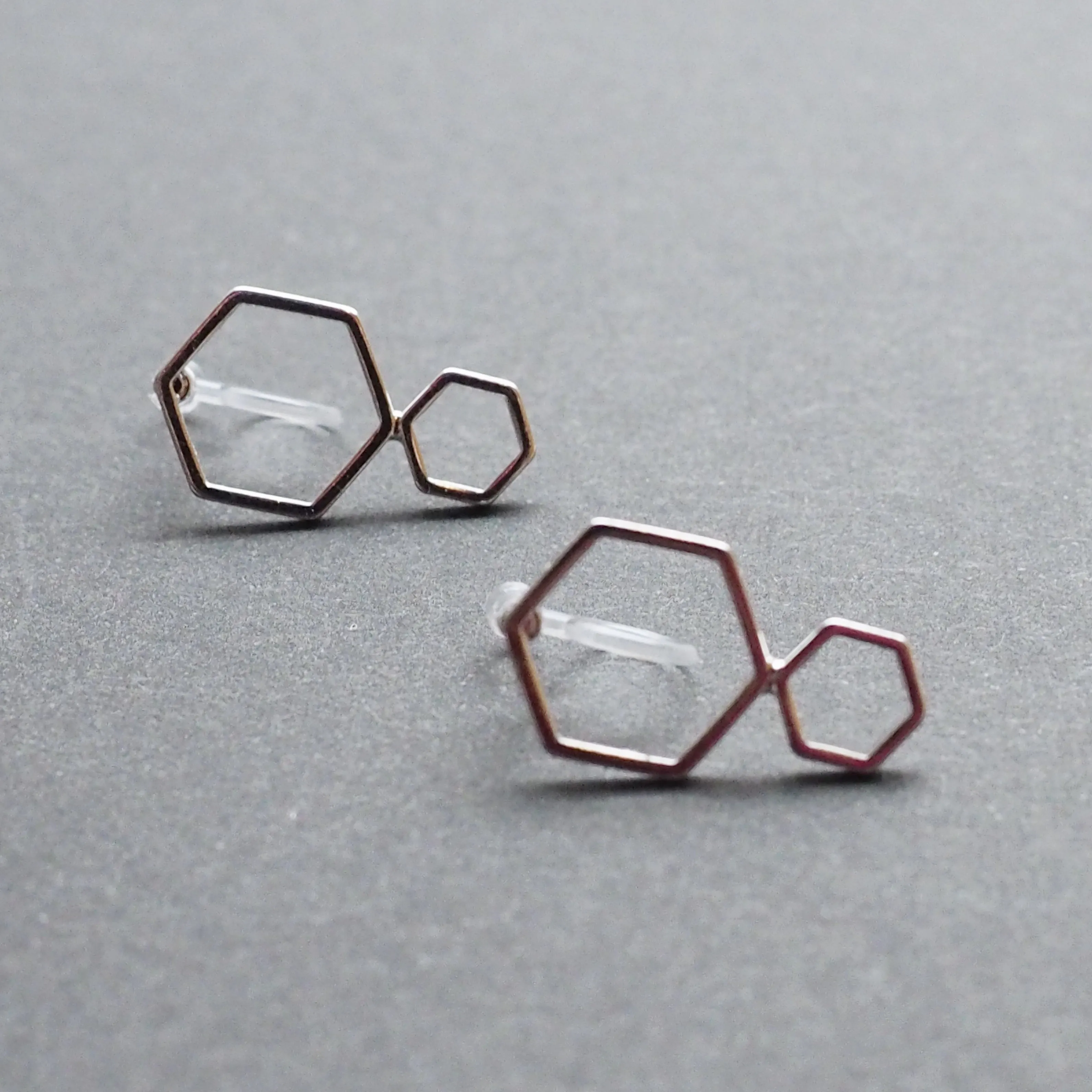 Double hexagon invisible clip on stud earrings ( Silver tone )
