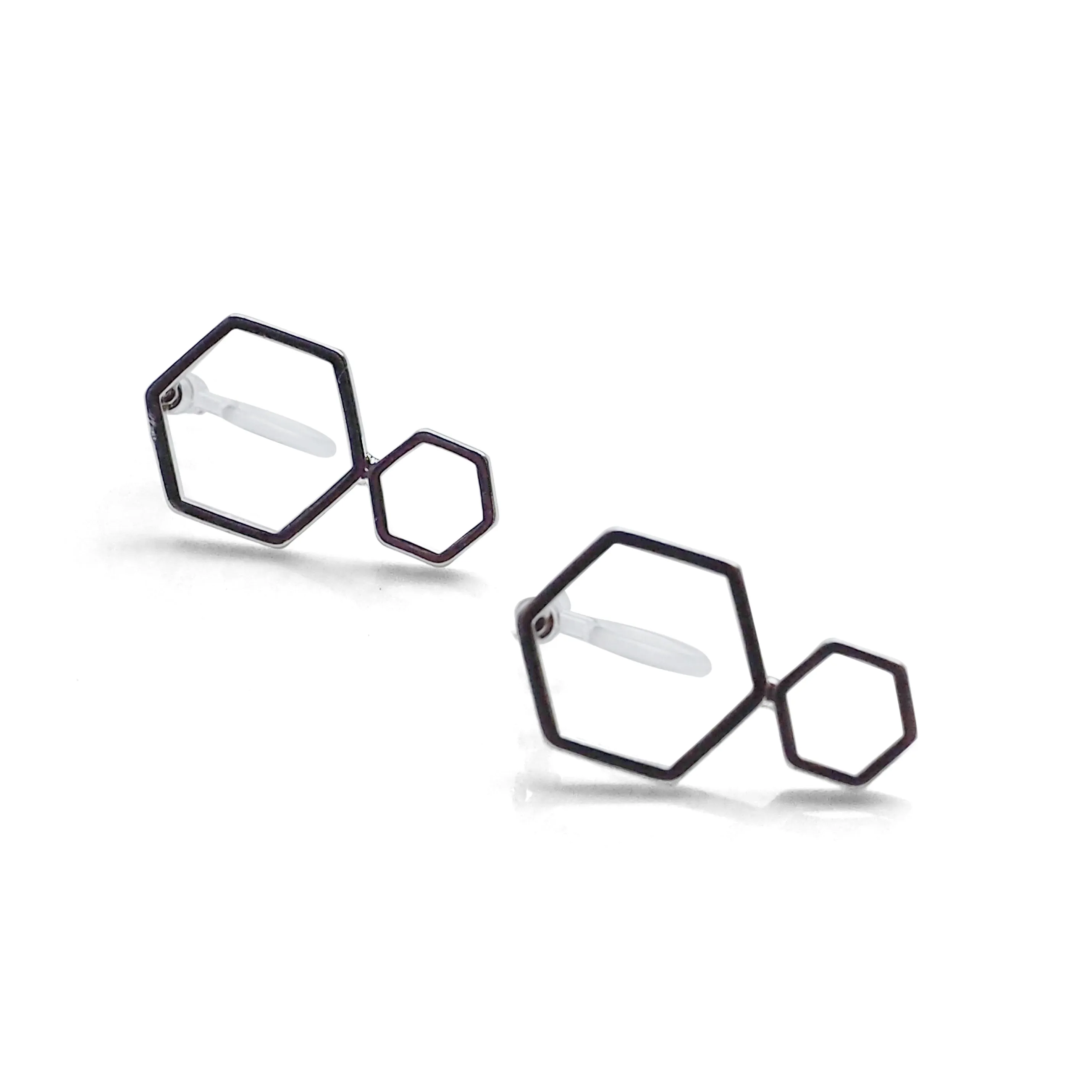 Double hexagon invisible clip on stud earrings ( Silver tone )