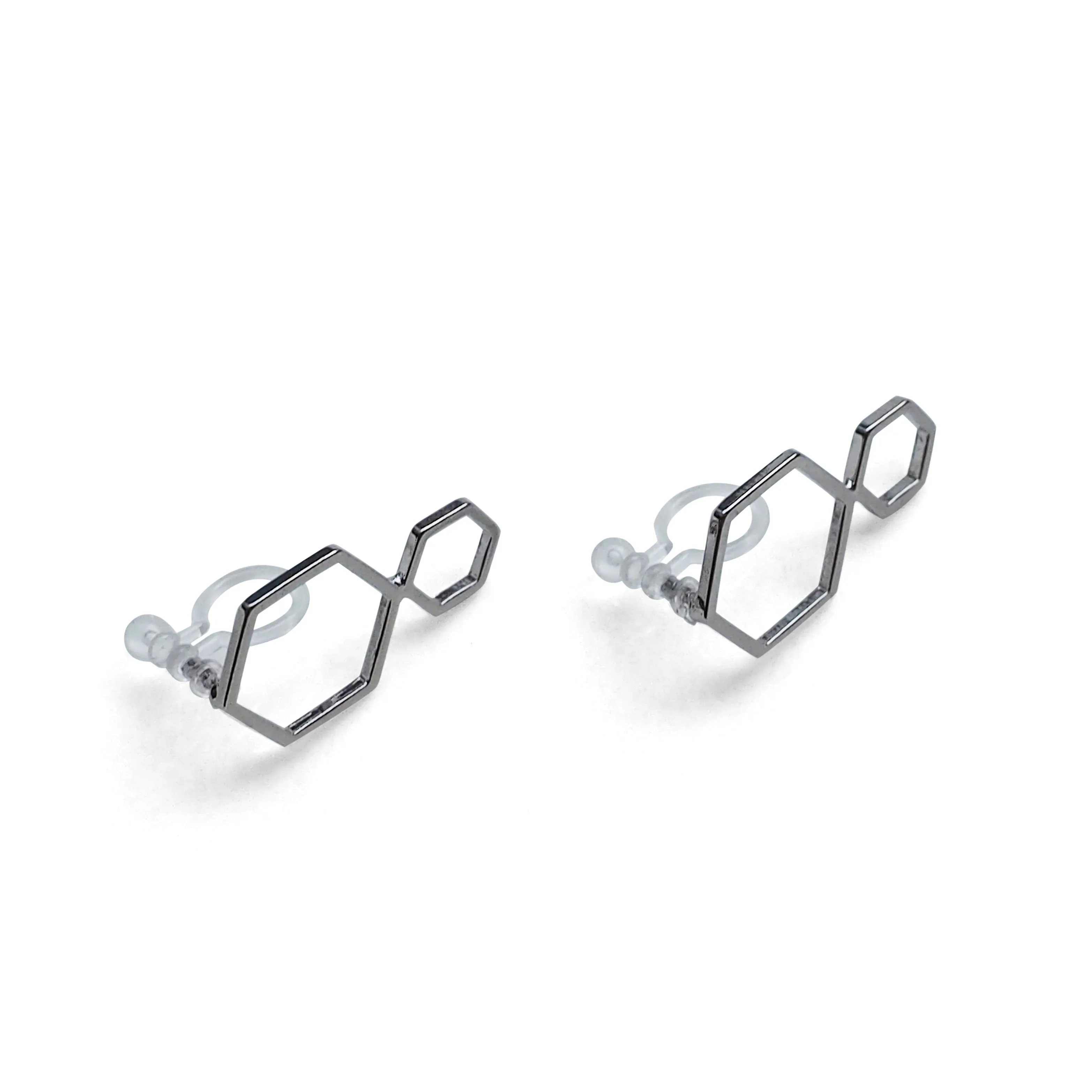 Double hexagon invisible clip on stud earrings ( Silver tone )