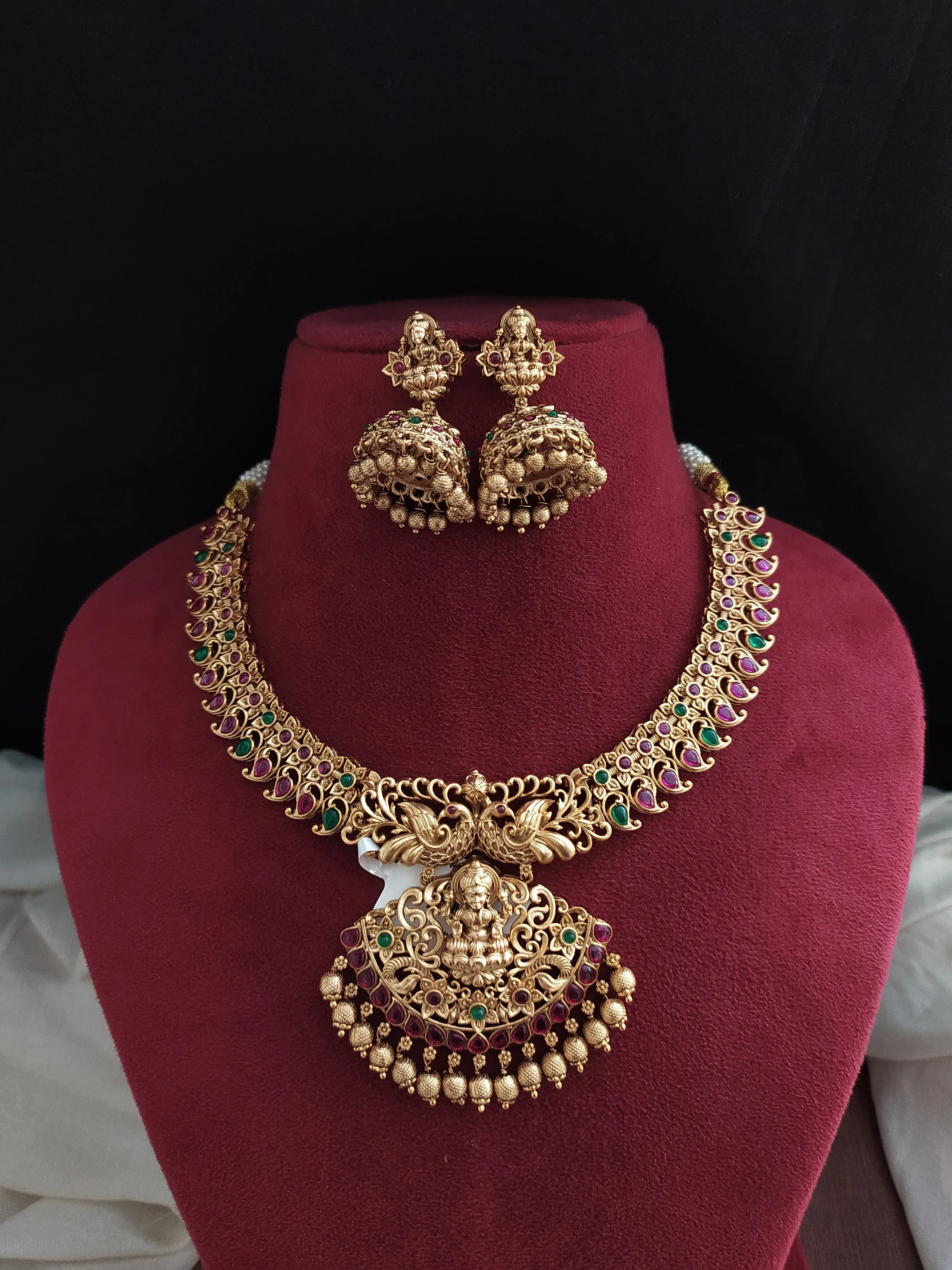 Dual Peacock Design Lakshmi ji Pendant Divine Antique Necklace Set