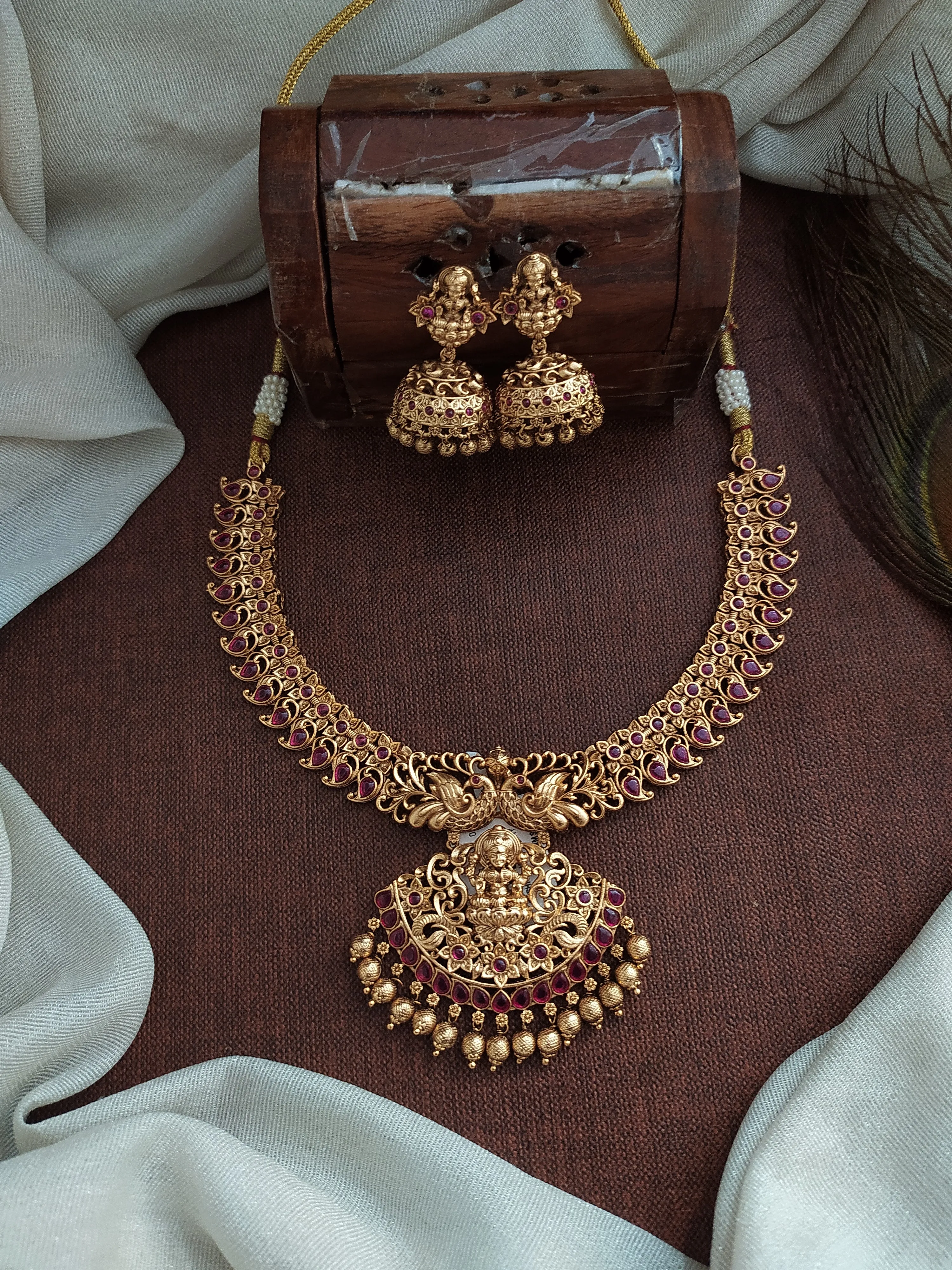 Dual Peacock Design Lakshmi ji Pendant Divine Antique Necklace Set