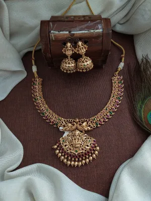 Dual Peacock Design Lakshmi ji Pendant Divine Antique Necklace Set