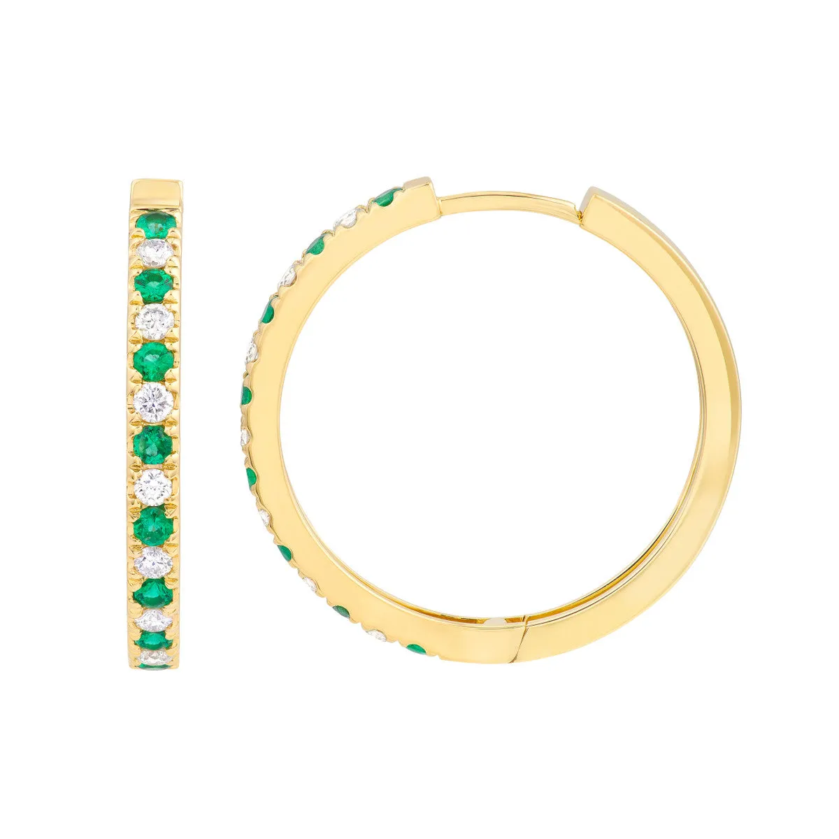Emerald & Diamond Hoop Earrings (3/8tcw) - 14K Yellow Gold - 25mm - by Dazyle