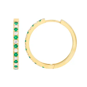Emerald & Diamond Hoop Earrings (3/8tcw) - 14K Yellow Gold - 25mm - by Dazyle