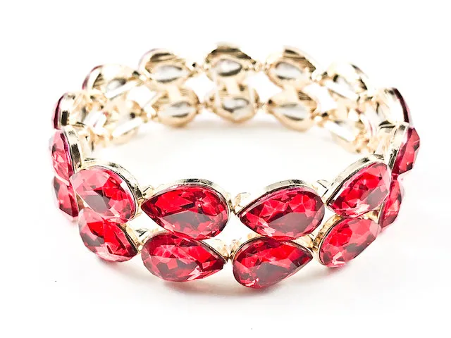 Fancy 2 Row Classic Large Tear Drop Shape Red Color Crystals Gold Tone Stretch Fashion Bracelet
