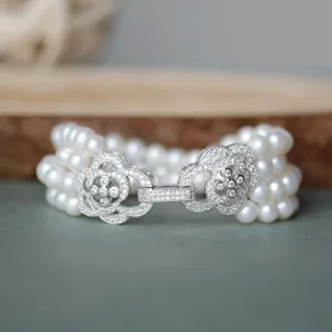 Four Rows Freshwater Pearls CZ Micro Pave Wedding Bracelet, Bridal, Bridesmaids