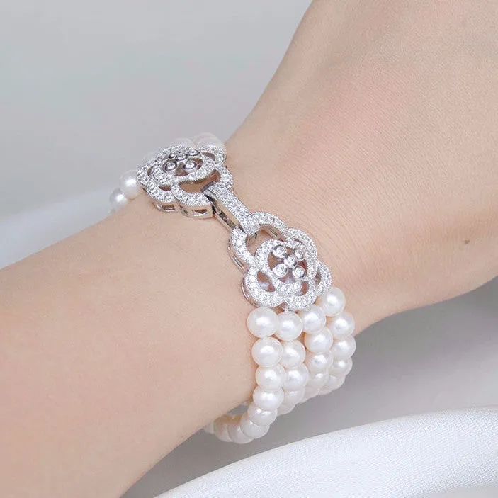Four Rows Freshwater Pearls CZ Micro Pave Wedding Bracelet, Bridal, Bridesmaids