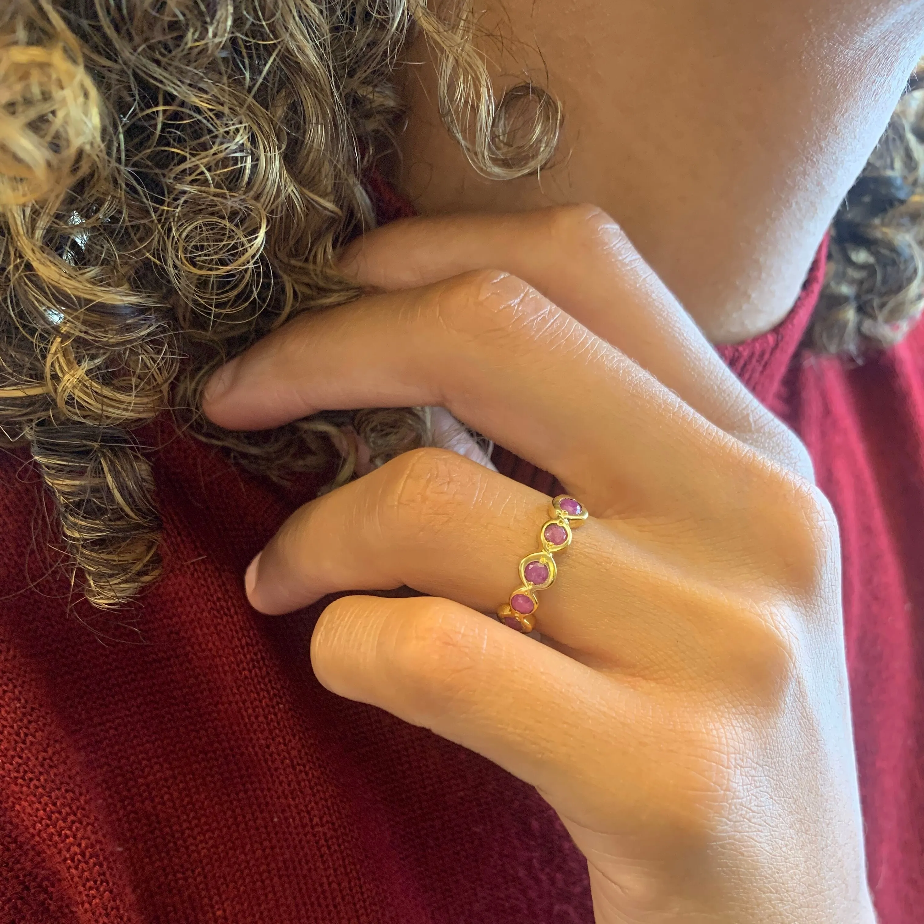 Gold Ruby Ring - Red Bubble Band - Half Eternity Ring